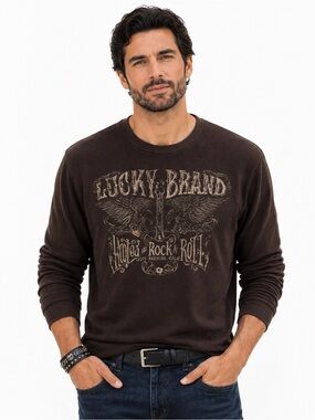 Lucky Brand Rock & Roll Thermal Waffle Knit Shirt - Brown - Men’s Large
